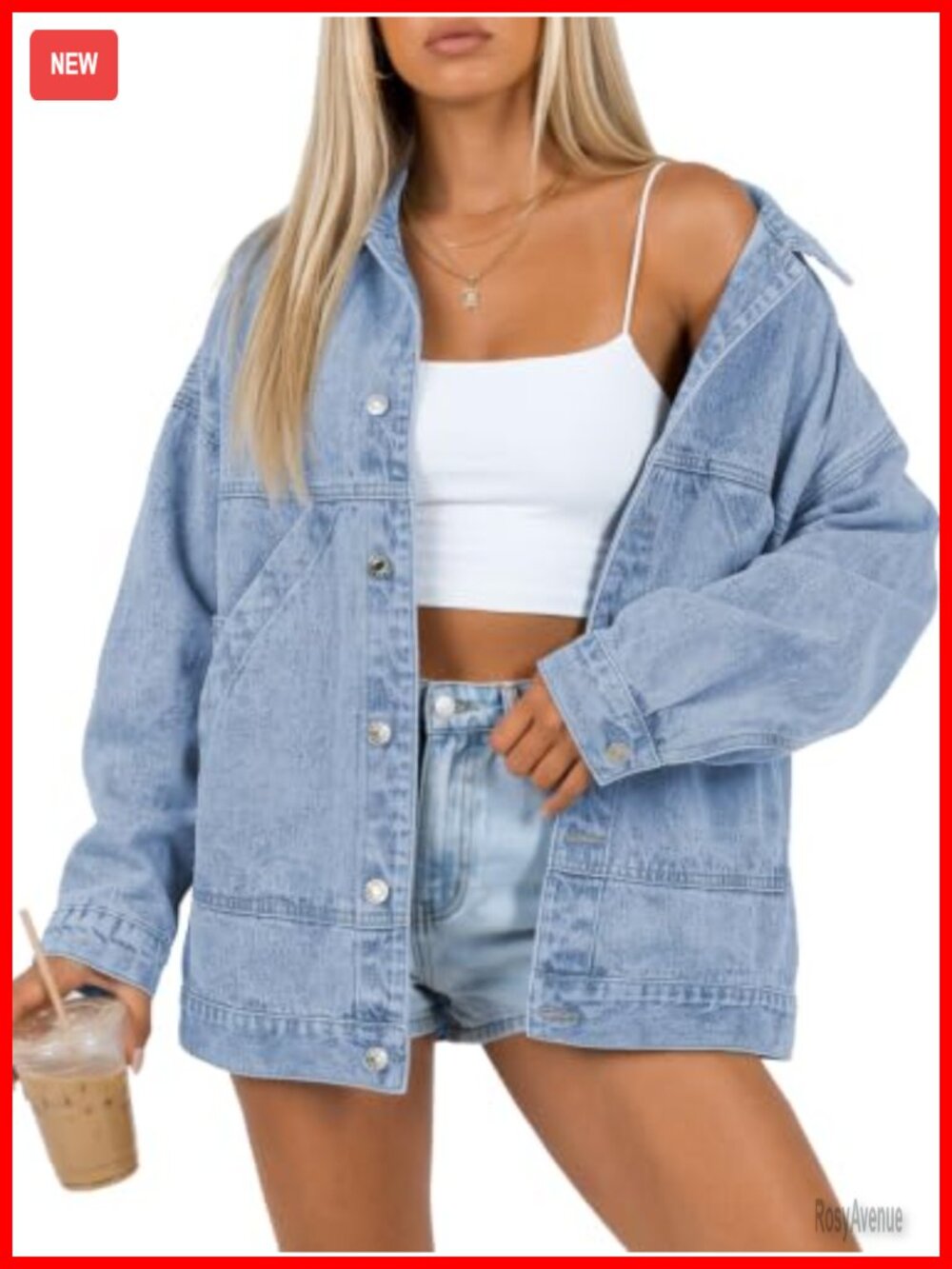 Women's Oversized Boyfriend Denim Jacket with Pockets, 100% Cotton Trucker Coat
